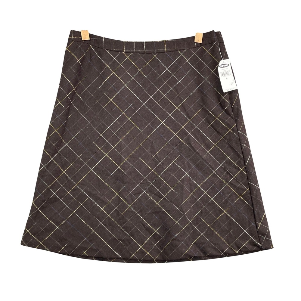Old Navy A-Line Skirt Womens 8 Brown Plaid Wool Blend Italy Fabric Career Mini
